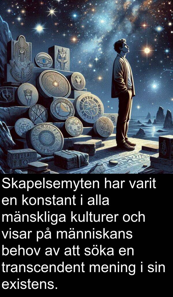 mänskliga: Skapelsemyten har varit en konstant i alla mänskliga kulturer och visar på människans behov av att söka en transcendent mening i sin existens.