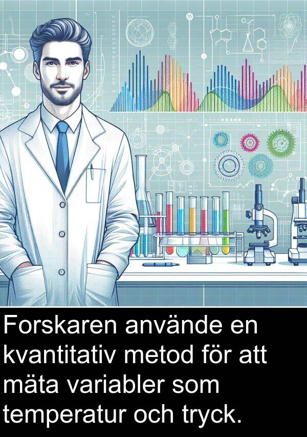 mäta: Forskaren använde en kvantitativ metod för att mäta variabler som temperatur och tryck.