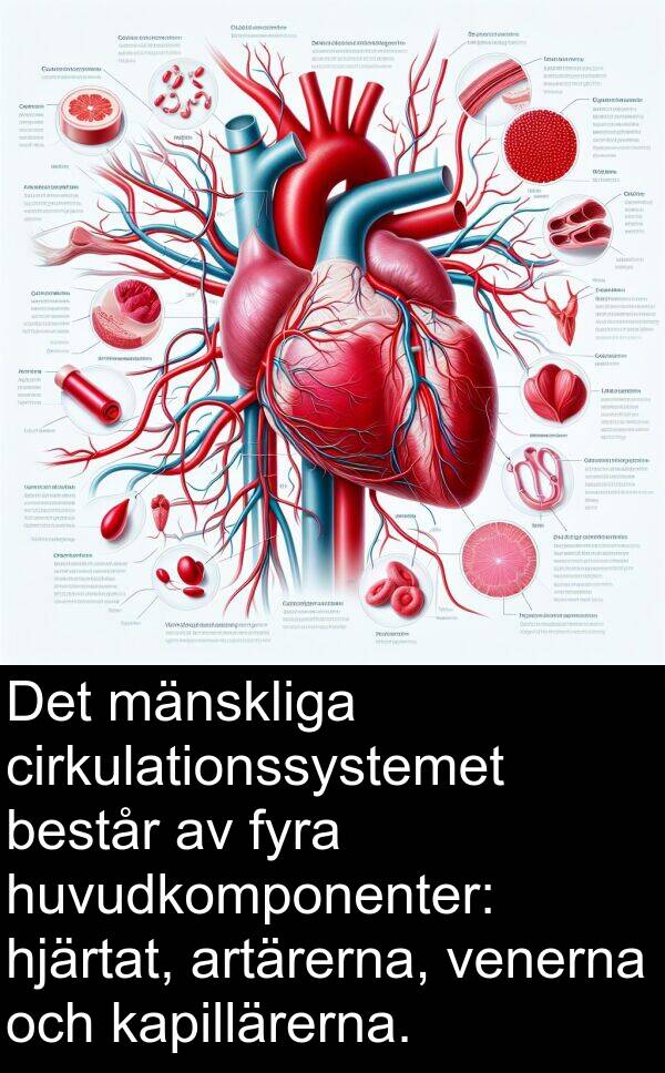 cirkulationssystemet: Det mänskliga cirkulationssystemet består av fyra huvudkomponenter: hjärtat, artärerna, venerna och kapillärerna.