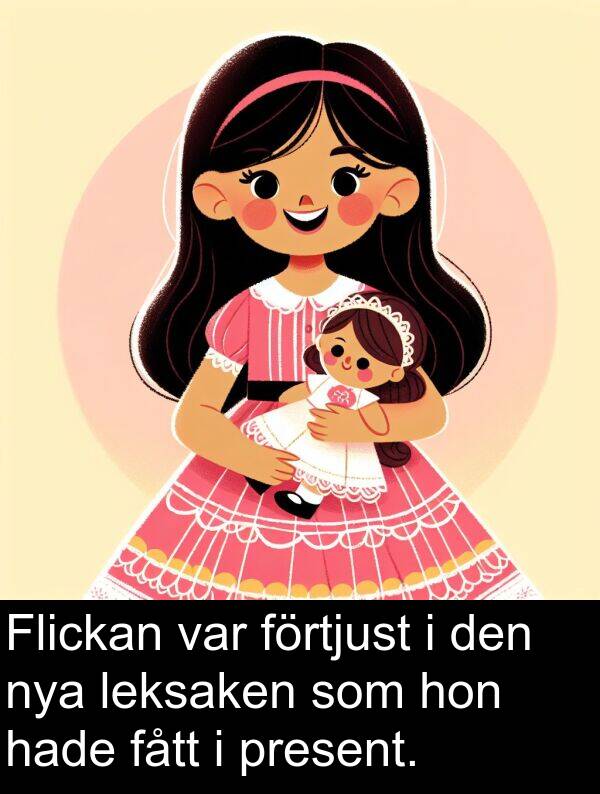 present: Flickan var förtjust i den nya leksaken som hon hade fått i present.