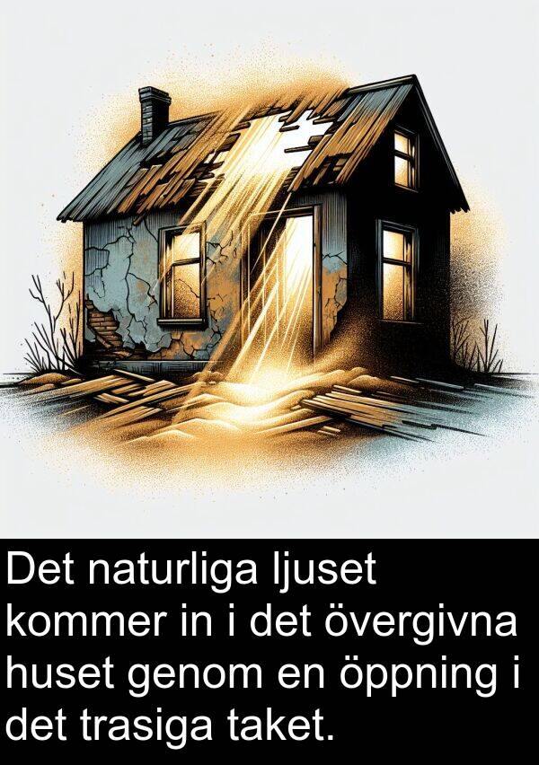 naturliga: Det naturliga ljuset kommer in i det övergivna huset genom en öppning i det trasiga taket.