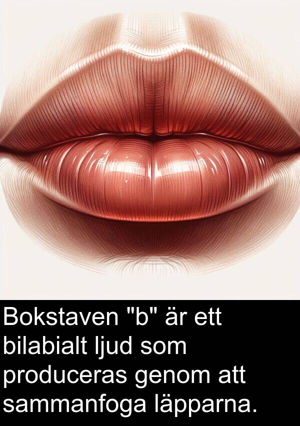 sammanfoga: Bokstaven "b" är ett bilabialt ljud som produceras genom att sammanfoga läpparna.