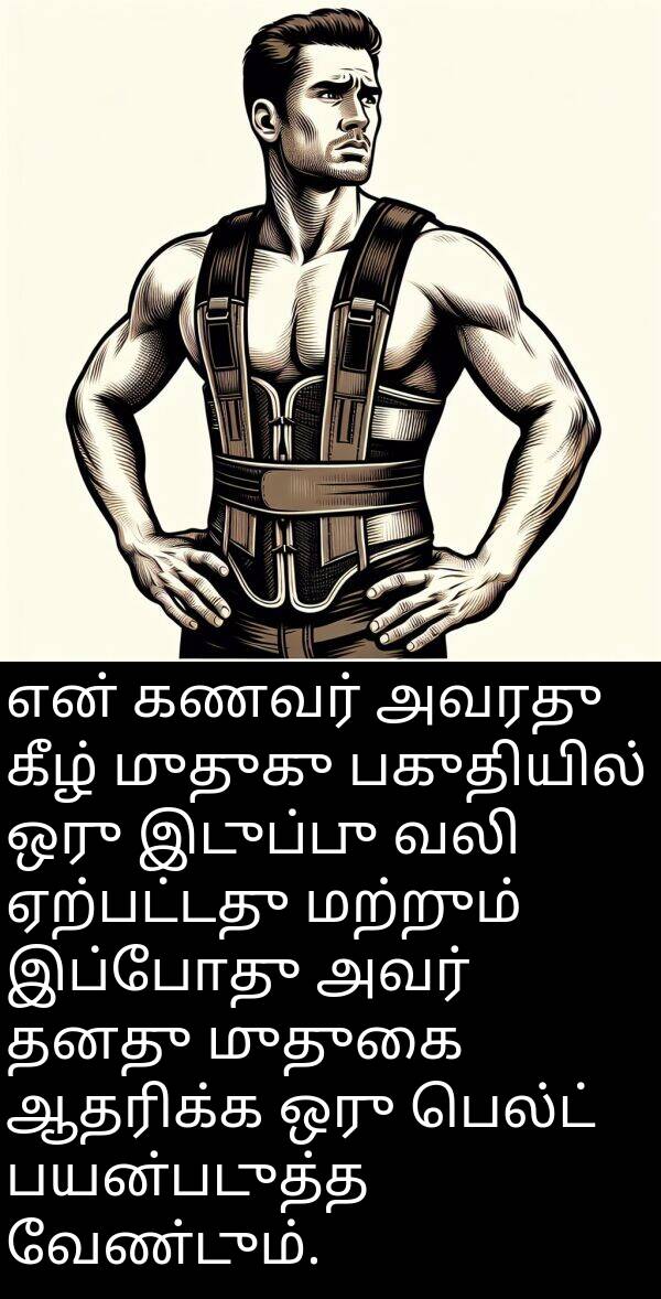 பெல்ட்: என் கணவர் அவரது கீழ் முதுகு பகுதியில் ஒரு இடுப்பு வலி ஏற்பட்டது மற்றும் இப்போது அவர் தனது முதுகை ஆதரிக்க ஒரு பெல்ட் பயன்படுத்த வேண்டும்.