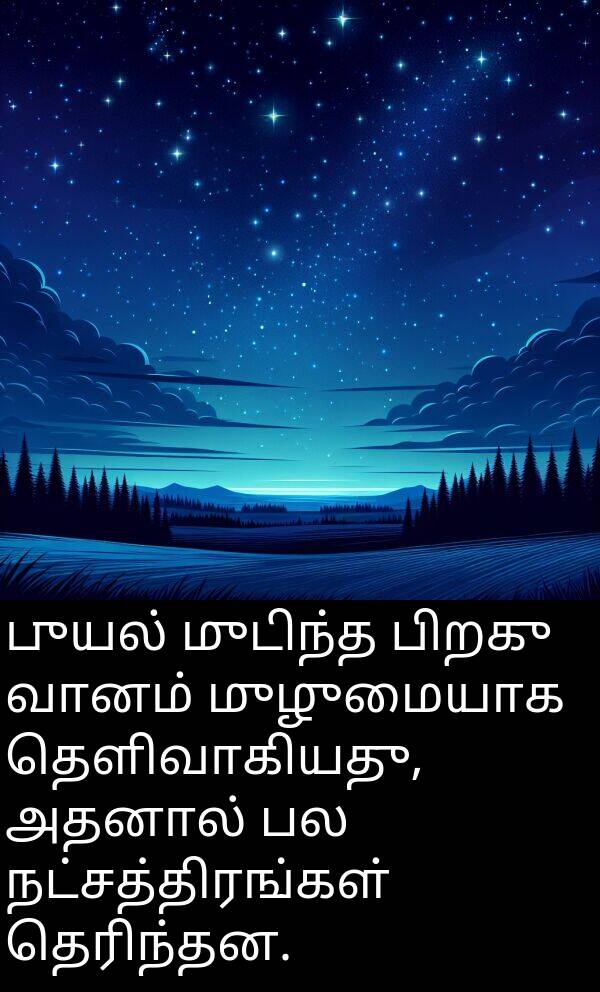 புயல்: புயல் முடிந்த பிறகு வானம் முழுமையாக தெளிவாகியது, அதனால் பல நட்சத்திரங்கள் தெரிந்தன.