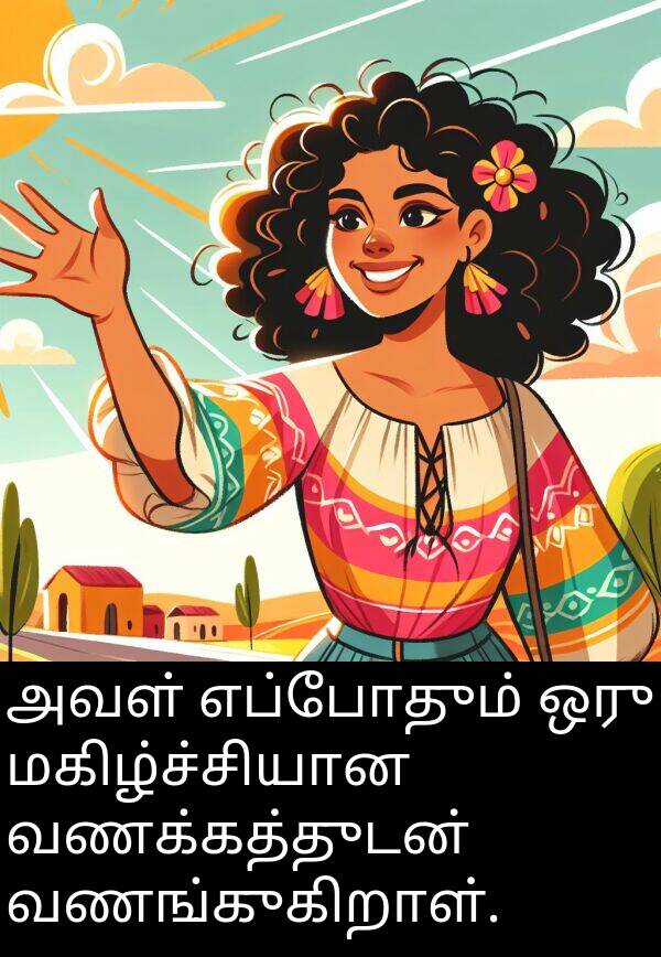 மகிழ்ச்சியான: அவள் எப்போதும் ஒரு மகிழ்ச்சியான வணக்கத்துடன் வணங்குகிறாள்.