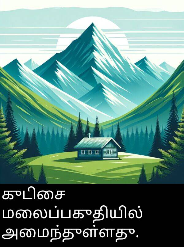 குடிசை: குடிசை மலைப்பகுதியில் அமைந்துள்ளது.