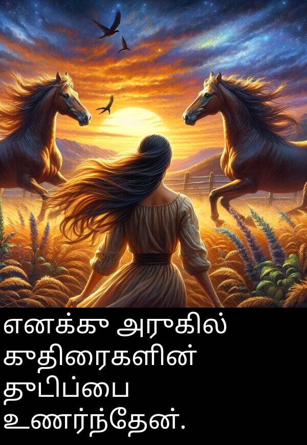 துடிப்பை: எனக்கு அருகில் குதிரைகளின் துடிப்பை உணர்ந்தேன்.