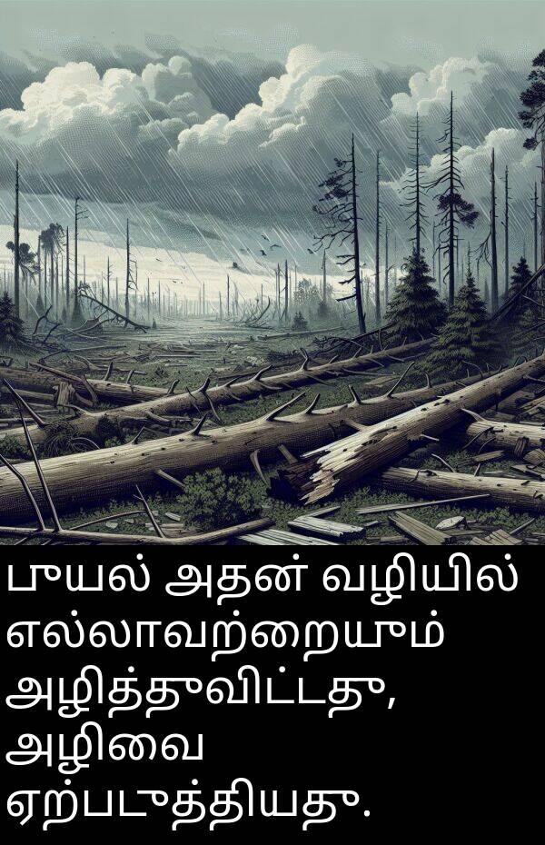 புயல்: புயல் அதன் வழியில் எல்லாவற்றையும் அழித்துவிட்டது, அழிவை ஏற்படுத்தியது.