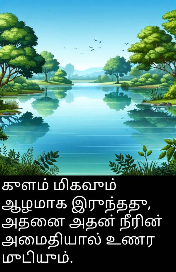 நீரின்: குளம் மிகவும் ஆழமாக இருந்தது, அதனை அதன் நீரின் அமைதியால் உணர முடியும்.