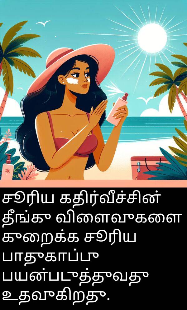 தீங்கு: சூரிய கதிர்வீச்சின் தீங்கு விளைவுகளை குறைக்க சூரிய பாதுகாப்பு பயன்படுத்துவது உதவுகிறது.