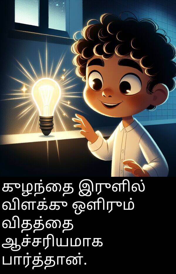 இருளில்: குழந்தை இருளில் விளக்கு ஒளிரும் விதத்தை ஆச்சரியமாக பார்த்தான்.
