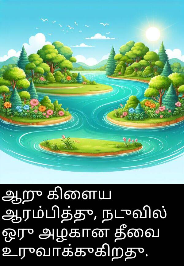 அழகான: ஆறு கிளைய ஆரம்பித்து, நடுவில் ஒரு அழகான தீவை உருவாக்குகிறது.