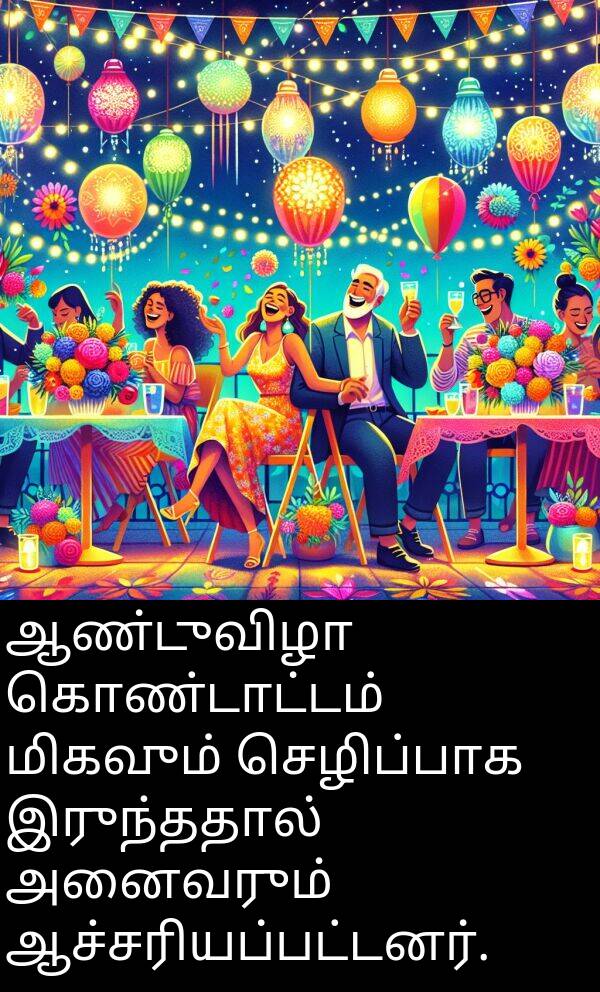 இருந்ததால்: ஆண்டுவிழா கொண்டாட்டம் மிகவும் செழிப்பாக இருந்ததால் அனைவரும் ஆச்சரியப்பட்டனர்.