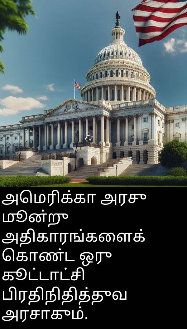 பிரதிநிதித்துவ: அமெரிக்கா அரசு மூன்று அதிகாரங்களைக் கொண்ட ஒரு கூட்டாட்சி பிரதிநிதித்துவ அரசாகும்.