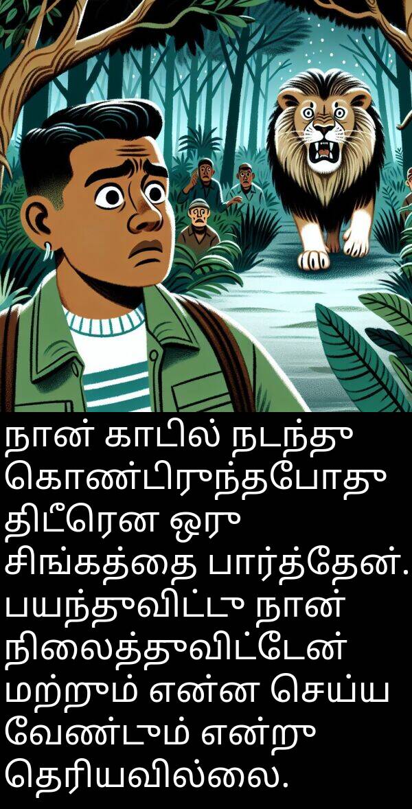 பார்த்தேன்: நான் காடில் நடந்து கொண்டிருந்தபோது திடீரென ஒரு சிங்கத்தை பார்த்தேன். பயந்துவிட்டு நான் நிலைத்துவிட்டேன் மற்றும் என்ன செய்ய வேண்டும் என்று தெரியவில்லை.