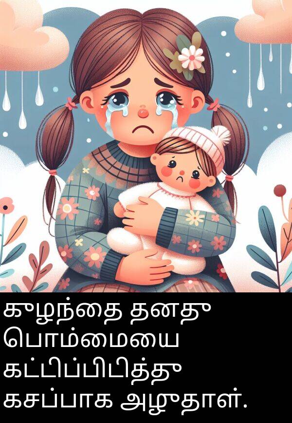 பொம்மையை: குழந்தை தனது பொம்மையை கட்டிப்பிடித்து கசப்பாக அழுதாள்.