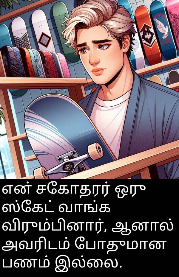 போதுமான: என் சகோதரர் ஒரு ஸ்கேட் வாங்க விரும்பினார், ஆனால் அவரிடம் போதுமான பணம் இல்லை.
