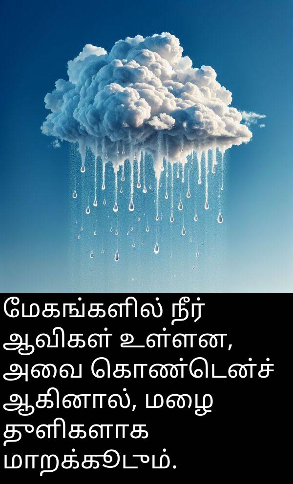 துளிகளாக: மேகங்களில் நீர் ஆவிகள் உள்ளன, அவை கொண்டென்ச் ஆகினால், மழை துளிகளாக மாறக்கூடும்.