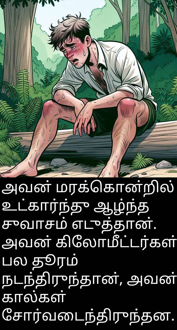 தூரம்: அவன் மரக்கொன்றில் உட்கார்ந்து ஆழ்ந்த சுவாசம் எடுத்தான். அவன் கிலோமீட்டர்கள் பல தூரம் நடந்திருந்தான், அவன் கால்கள் சோர்வடைந்திருந்தன.