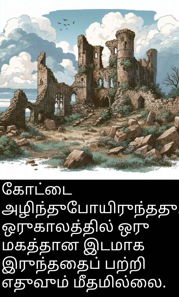 இருந்ததைப்: கோட்டை அழிந்துபோயிருந்தது. ஒருகாலத்தில் ஒரு மகத்தான இடமாக இருந்ததைப் பற்றி எதுவும் மீதமில்லை.