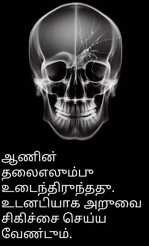 தலைஎலும்பு: ஆணின் தலைஎலும்பு உடைந்திருந்தது. உடனடியாக அறுவை சிகிச்சை செய்ய வேண்டும்.
