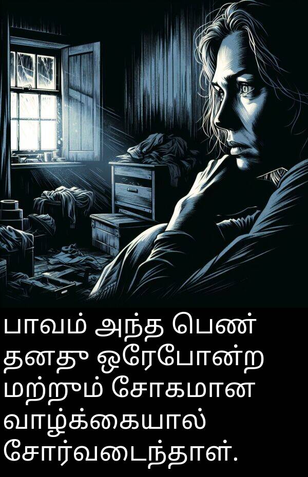 பெண்: பாவம் அந்த பெண் தனது ஒரேபோன்ற மற்றும் சோகமான வாழ்க்கையால் சோர்வடைந்தாள்.