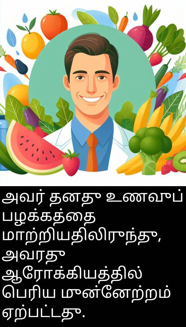 ஆரோக்கியத்தில்: அவர் தனது உணவுப் பழக்கத்தை மாற்றியதிலிருந்து, அவரது ஆரோக்கியத்தில் பெரிய முன்னேற்றம் ஏற்பட்டது.