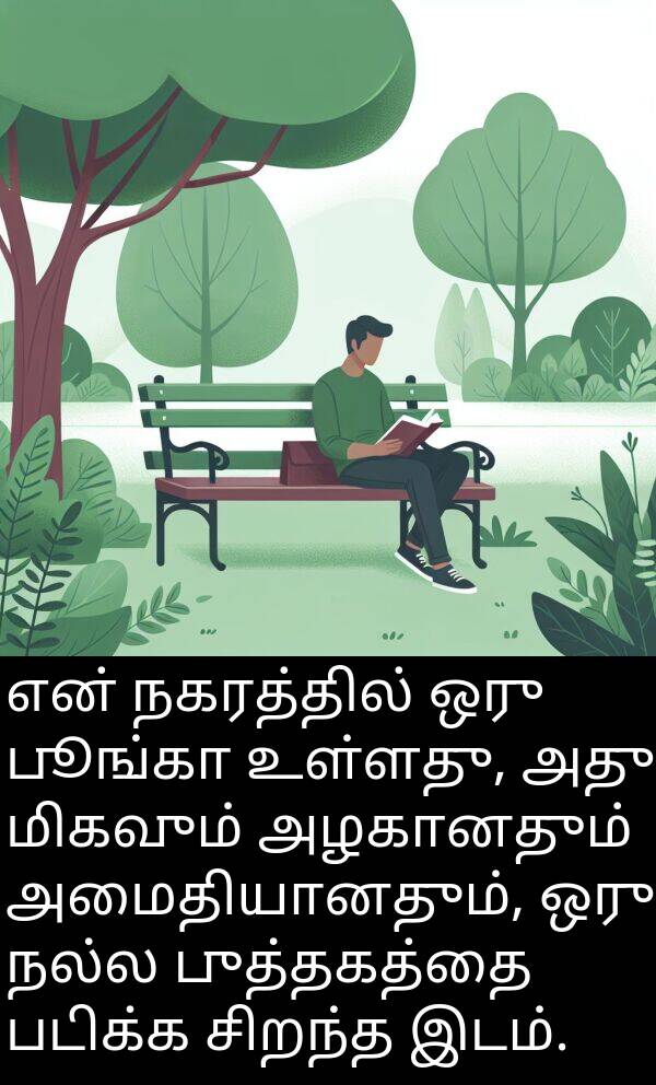 புத்தகத்தை: என் நகரத்தில் ஒரு பூங்கா உள்ளது, அது மிகவும் அழகானதும் அமைதியானதும், ஒரு நல்ல புத்தகத்தை படிக்க சிறந்த இடம்.