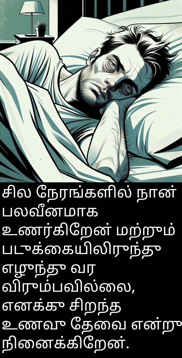 தேவை: சில நேரங்களில் நான் பலவீனமாக உணர்கிறேன் மற்றும் படுக்கையிலிருந்து எழுந்து வர விரும்பவில்லை, எனக்கு சிறந்த உணவு தேவை என்று நினைக்கிறேன்.
