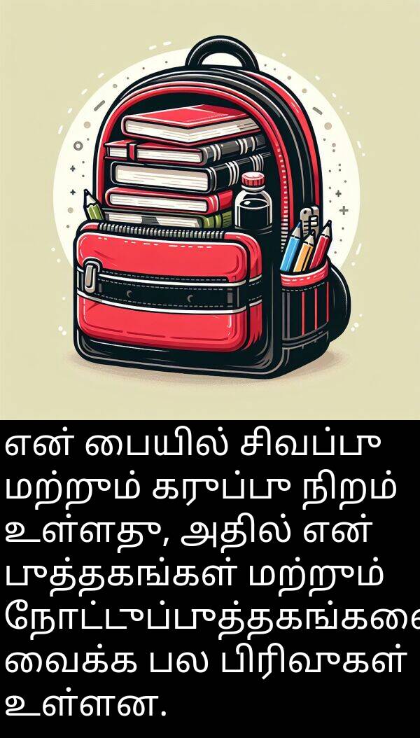 புத்தகங்கள்: என் பையில் சிவப்பு மற்றும் கருப்பு நிறம் உள்ளது, அதில் என் புத்தகங்கள் மற்றும் நோட்டுப்புத்தகங்களை வைக்க பல பிரிவுகள் உள்ளன.