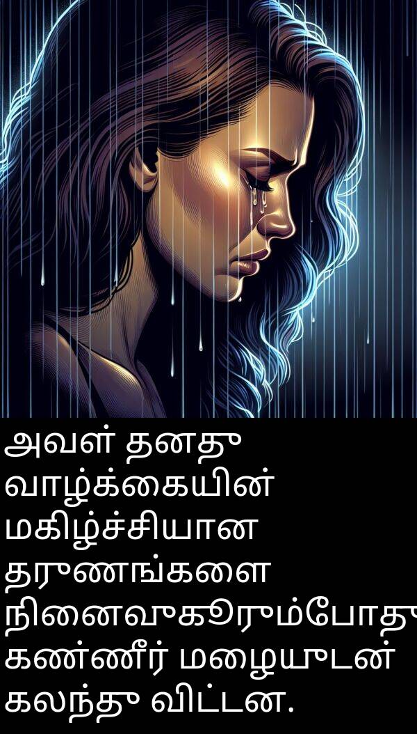 நினைவுகூரும்போது: அவள் தனது வாழ்க்கையின் மகிழ்ச்சியான தருணங்களை நினைவுகூரும்போது கண்ணீர் மழையுடன் கலந்து விட்டன.