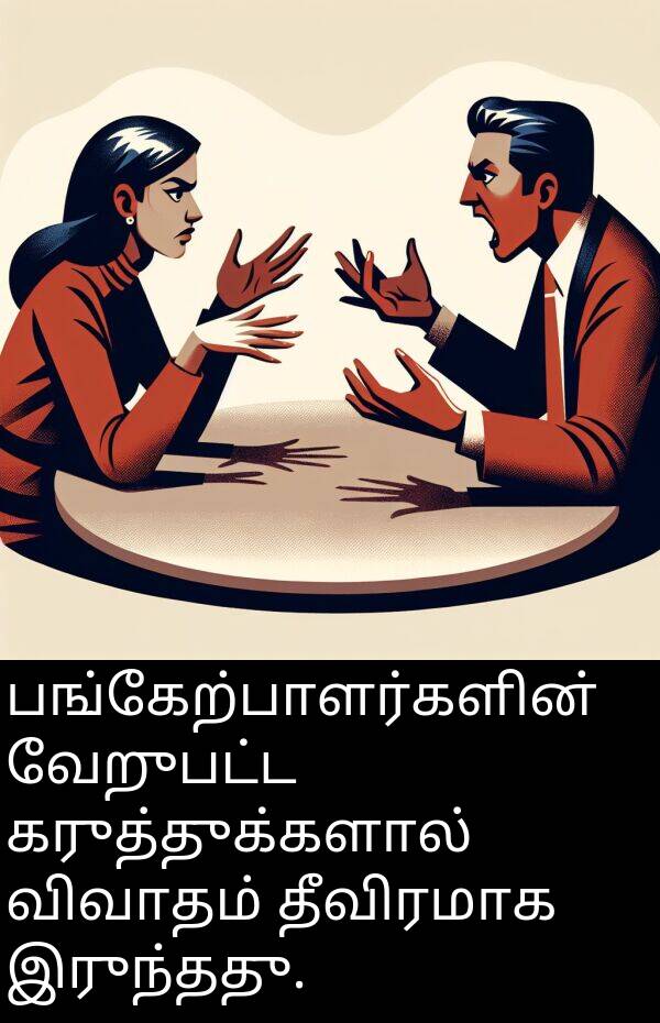 தீவிரமாக: பங்கேற்பாளர்களின் வேறுபட்ட கருத்துக்களால் விவாதம் தீவிரமாக இருந்தது.