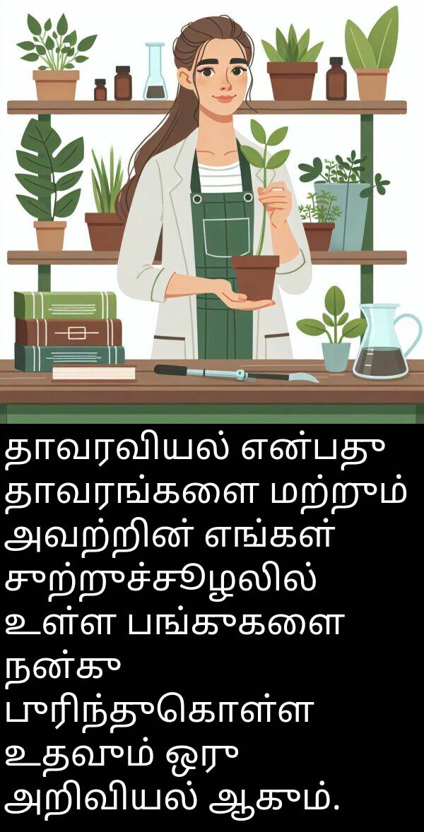 தாவரங்களை: தாவரவியல் என்பது தாவரங்களை மற்றும் அவற்றின் எங்கள் சுற்றுச்சூழலில் உள்ள பங்குகளை நன்கு புரிந்துகொள்ள உதவும் ஒரு அறிவியல் ஆகும்.