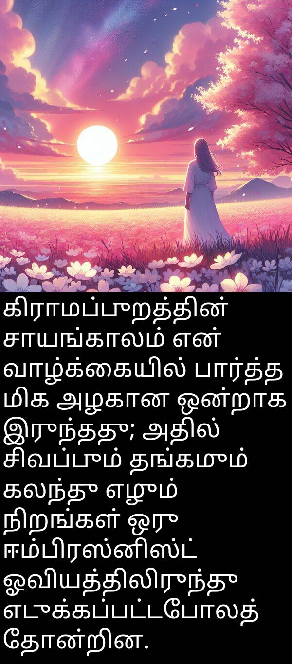 தோன்றின: கிராமப்புறத்தின் சாயங்காலம் என் வாழ்க்கையில் பார்த்த மிக அழகான ஒன்றாக இருந்தது; அதில் சிவப்பும் தங்கமும் கலந்து எழும் நிறங்கள் ஒரு ஈம்பிரஸ்னிஸ்ட் ஓவியத்திலிருந்து எடுக்கப்பட்டபோலத் தோன்றின.