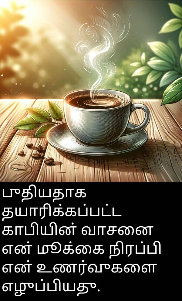 புதியதாக: புதியதாக தயாரிக்கப்பட்ட காபியின் வாசனை என் மூக்கை நிரப்பி என் உணர்வுகளை எழுப்பியது.