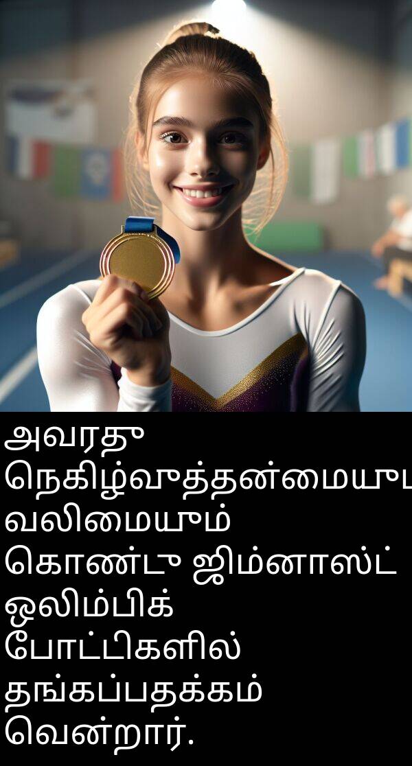 போட்டிகளில்: அவரது நெகிழ்வுத்தன்மையும் வலிமையும் கொண்டு ஜிம்னாஸ்ட் ஒலிம்பிக் போட்டிகளில் தங்கப்பதக்கம் வென்றார்.