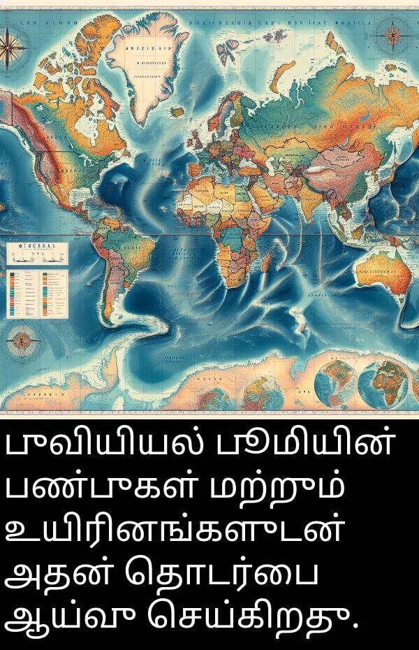 பூமியின்: புவியியல் பூமியின் பண்புகள் மற்றும் உயிரினங்களுடன் அதன் தொடர்பை ஆய்வு செய்கிறது.