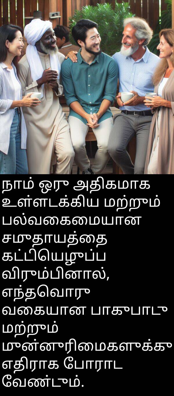 போராட: நாம் ஒரு அதிகமாக உள்ளடக்கிய மற்றும் பல்வகைமையான சமுதாயத்தை கட்டியெழுப்ப விரும்பினால், எந்தவொரு வகையான பாகுபாடு மற்றும் முன்னுரிமைகளுக்கு எதிராக போராட வேண்டும்.