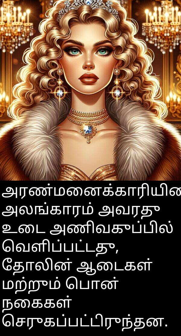 தோலின்: அரண்மனைக்காரியின் அலங்காரம் அவரது உடை அணிவகுப்பில் வெளிப்பட்டது, தோலின் ஆடைகள் மற்றும் பொன் நகைகள் செருகப்பட்டிருந்தன.