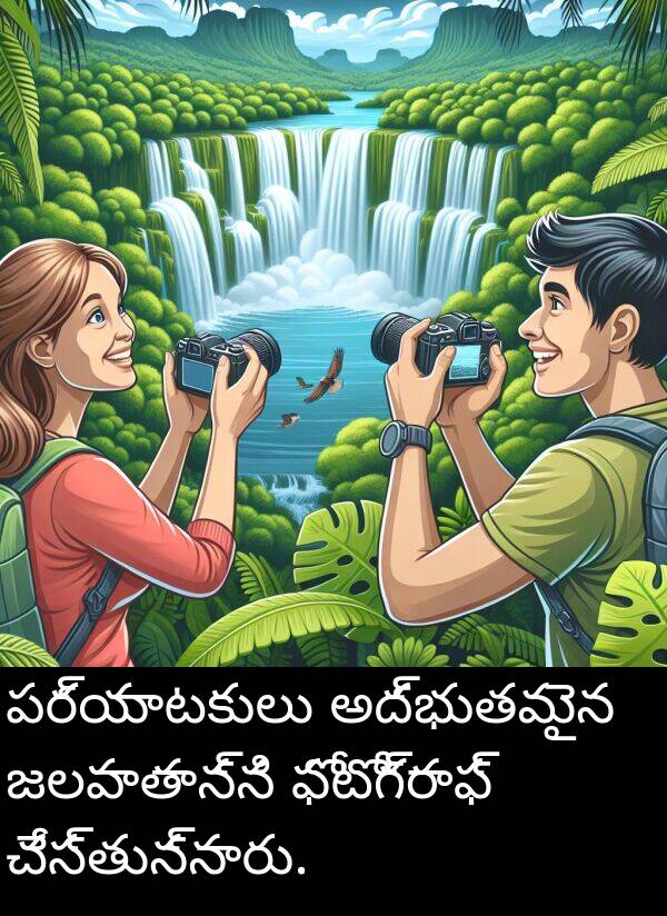 అద్భుతమైన: పర్యాటకులు అద్భుతమైన జలపాతాన్ని ఫోటోగ్రాఫ్ చేస్తున్నారు.