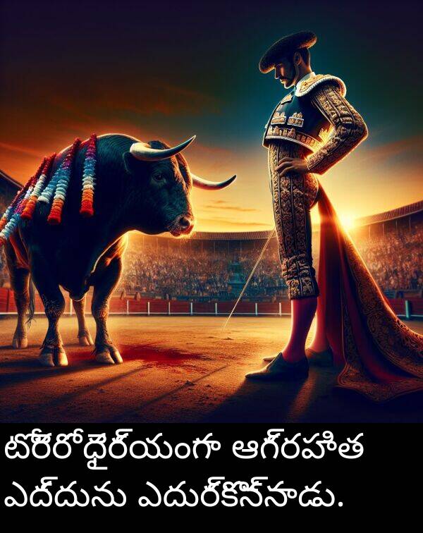 ఆగ్రహిత: టోరెరో ధైర్యంగా ఆగ్రహిత ఎద్దును ఎదుర్కొన్నాడు.
