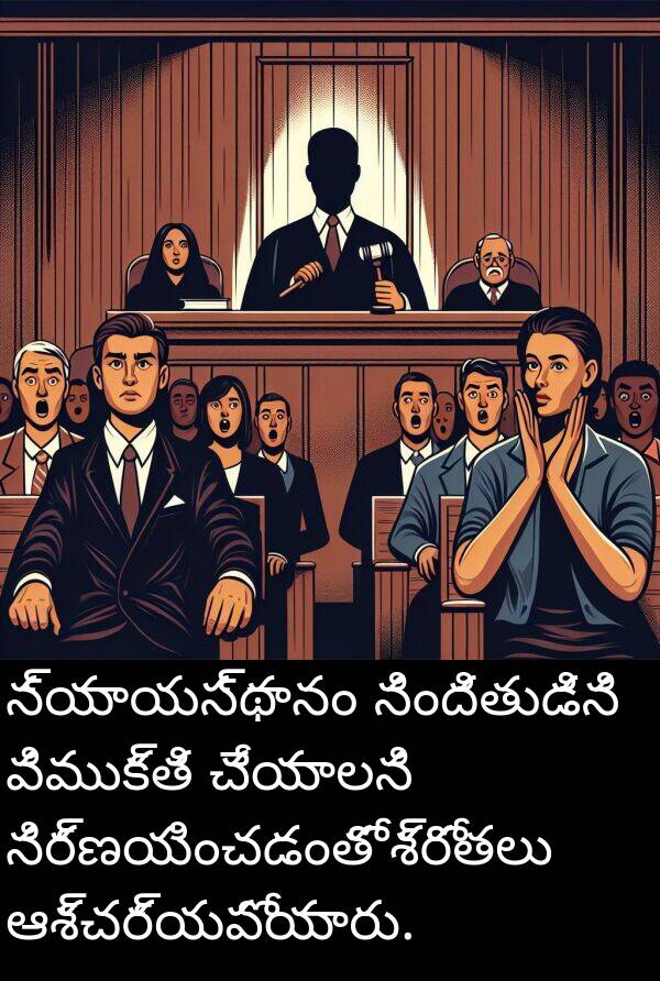 శ్రోతలు: న్యాయస్థానం నిందితుడిని విముక్తి చేయాలని నిర్ణయించడంతో శ్రోతలు ఆశ్చర్యపోయారు.