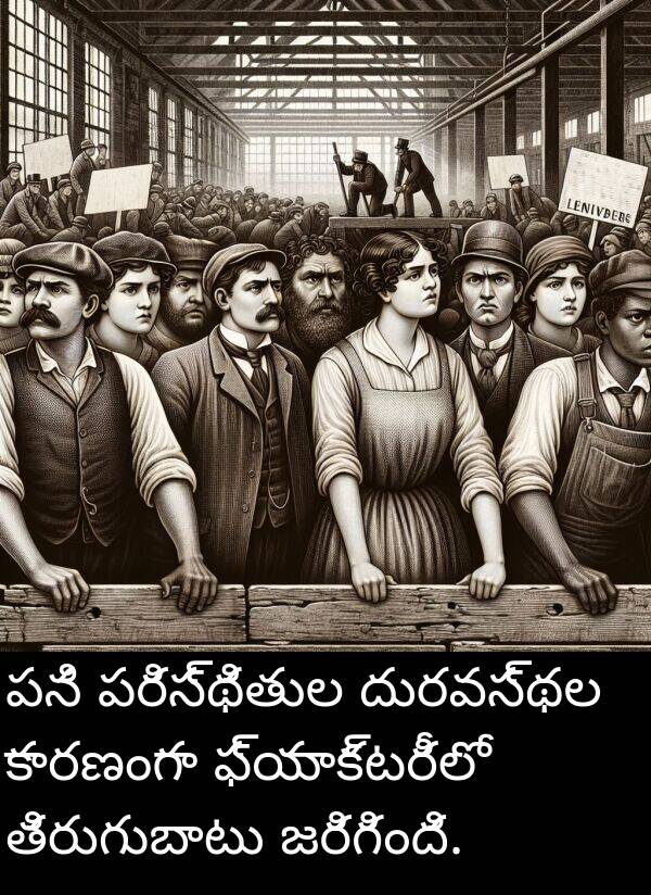 ఫ్యాక్టరీలో: పని పరిస్థితుల దురవస్థల కారణంగా ఫ్యాక్టరీలో తిరుగుబాటు జరిగింది.