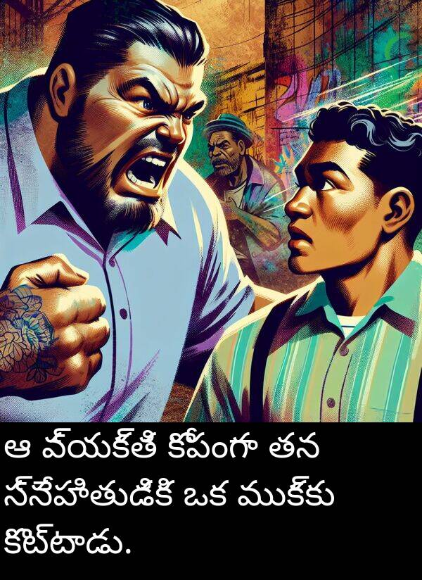 కోపంగా: ఆ వ్యక్తి కోపంగా తన స్నేహితుడికి ఒక ముక్కు కొట్టాడు.