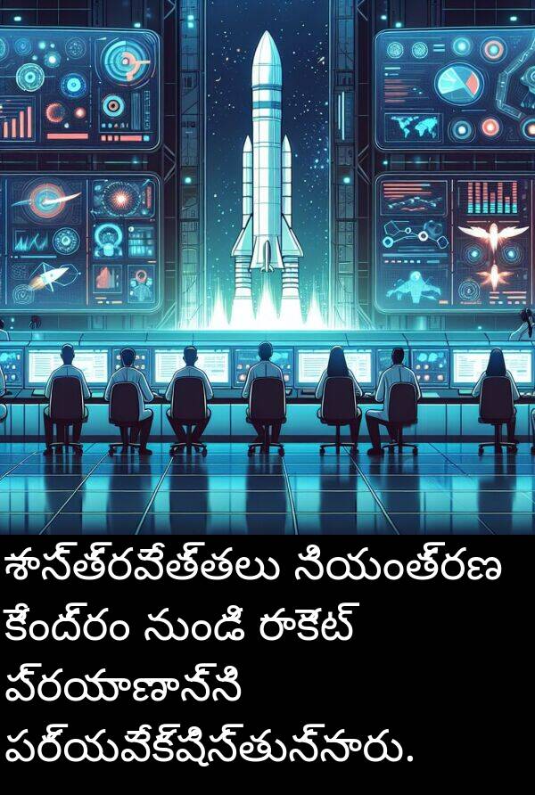 శాస్త్రవేత్తలు: శాస్త్రవేత్తలు నియంత్రణ కేంద్రం నుండి రాకెట్ ప్రయాణాన్ని పర్యవేక్షిస్తున్నారు.