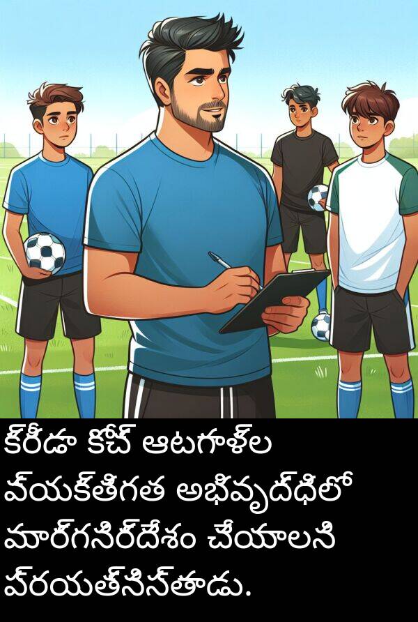 ఆటగాళ్ల: క్రీడా కోచ్ ఆటగాళ్ల వ్యక్తిగత అభివృద్ధిలో మార్గనిర్దేశం చేయాలని ప్రయత్నిస్తాడు.