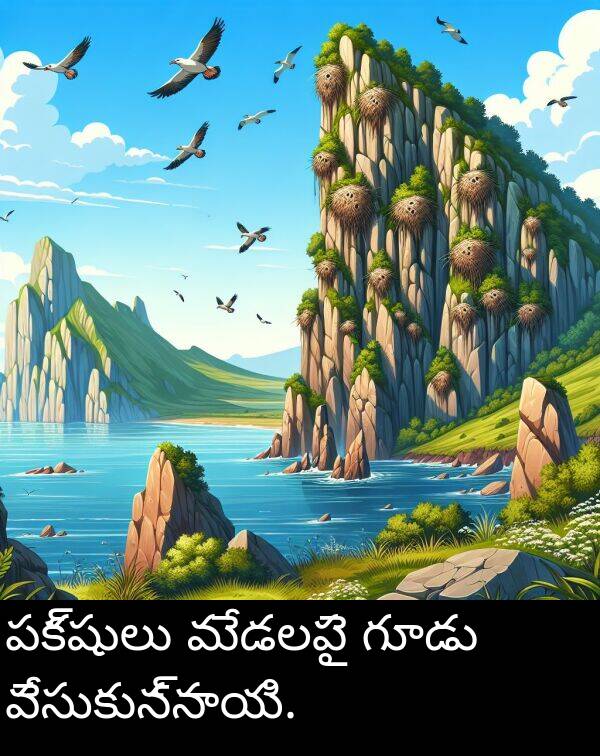 గూడు: పక్షులు మేడలపై గూడు వేసుకున్నాయి.