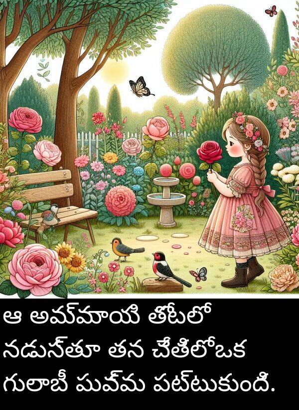 నడుస్తూ: ఆ అమ్మాయి తోటలో నడుస్తూ తన చేతిలో ఒక గులాబీ పువ్వు పట్టుకుంది.
