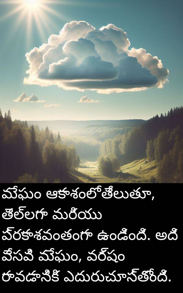 రావడానికి: మేఘం ఆకాశంలో తేలుతూ, తెల్లగా మరియు ప్రకాశవంతంగా ఉండింది. అది వేసవి మేఘం, వర్షం రావడానికి ఎదురుచూస్తోంది.