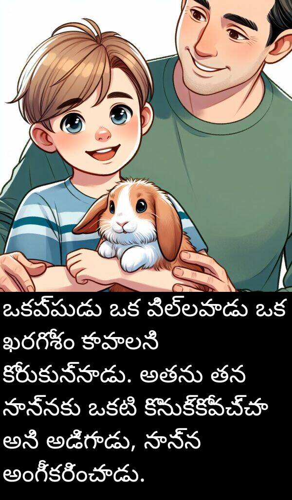 అంగీకరించాడు: ఒకప్పుడు ఒక పిల్లవాడు ఒక ఖరగోశం కావాలని కోరుకున్నాడు. అతను తన నాన్నకు ఒకటి కొనుక్కోవచ్చా అని అడిగాడు, నాన్న అంగీకరించాడు.